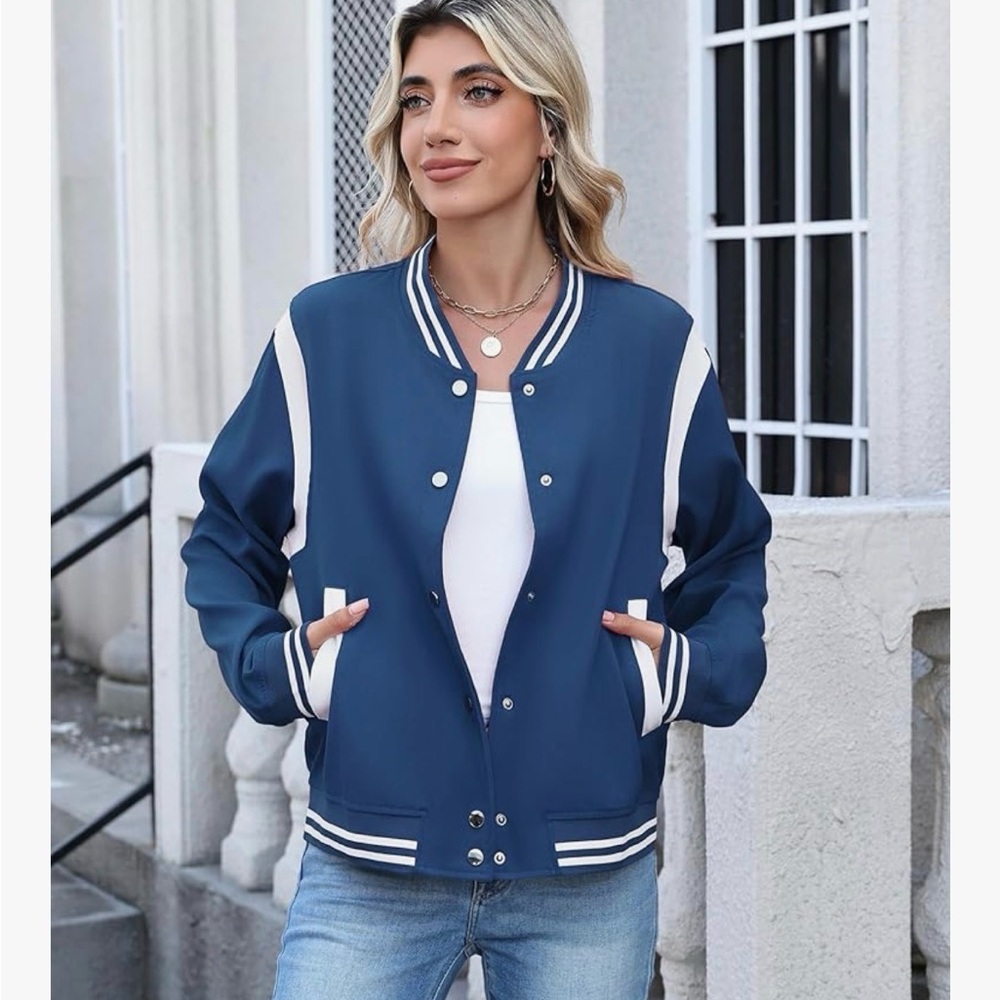 Navy and White Varsity Jacket for Women